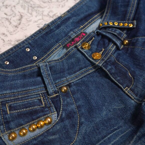 Vintage Playboy Gold Studded Low Rise Skinny Jeans Ruched Rare – Women’s 9/10 - Picture 11 of 14